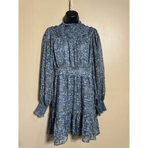 Nibi MTK Ruffle Neck Metallic Mini Dress Boho Whimsycal Sz M Blue